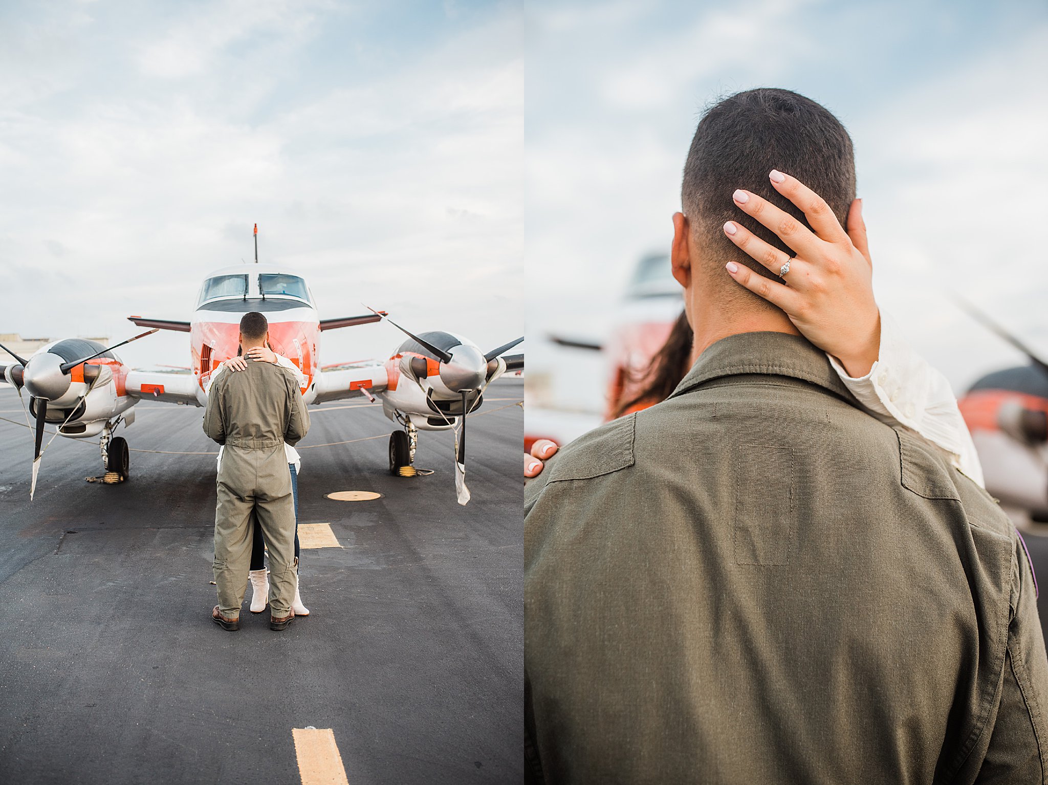 Navy Pilot in Green flight suit on flightline in front of white plane with orange stripe with fiance in white top and blue jeans