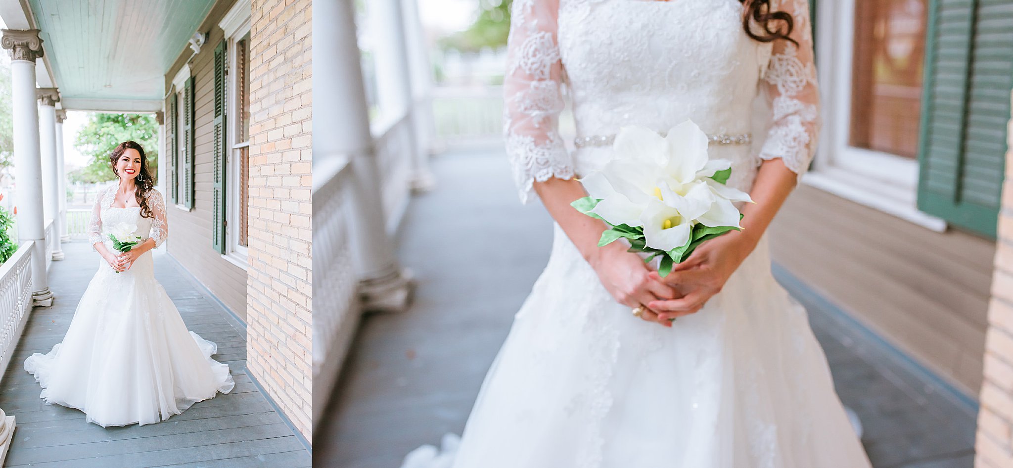 Collage of Bride in wedding dress holding a white bouquet on the patio of the Heritage Park house in Corpus Christi, Texas