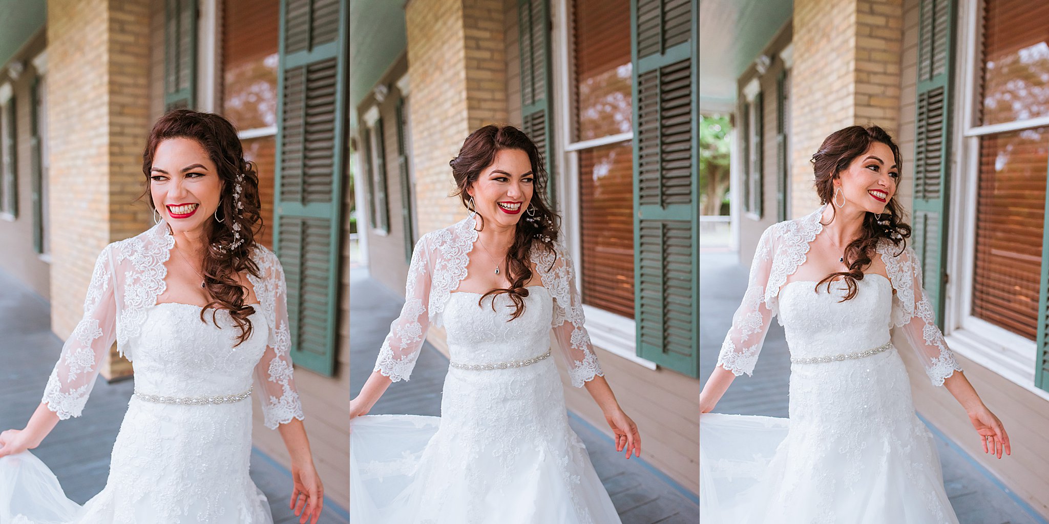 Three images of Bride in white wedding dress walking on porch of Heritage Park house in Corpus Christi Texas