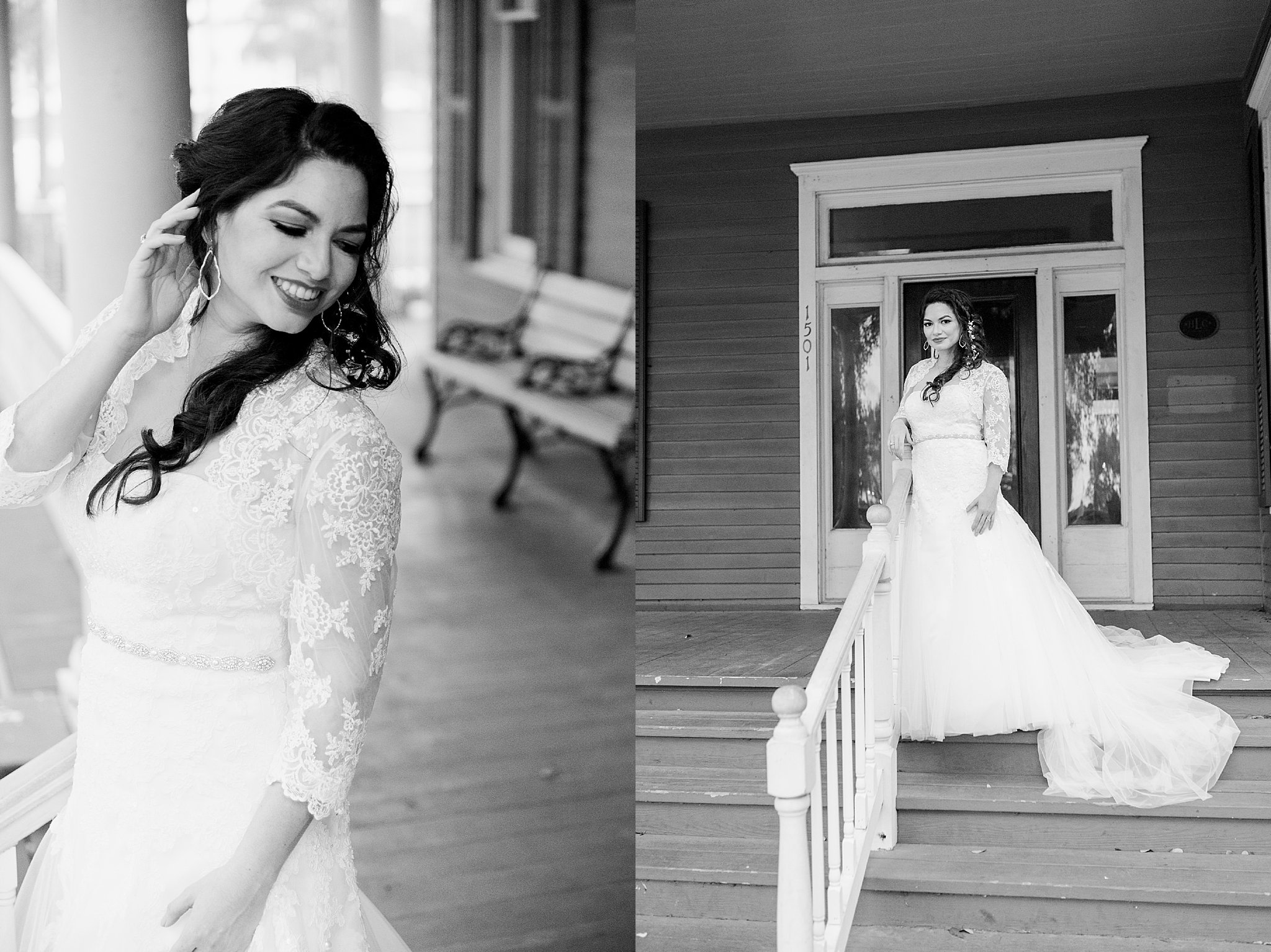 Black and white photos of bride on stairs at the front of Heritage Park house in Corpus Christi Texas