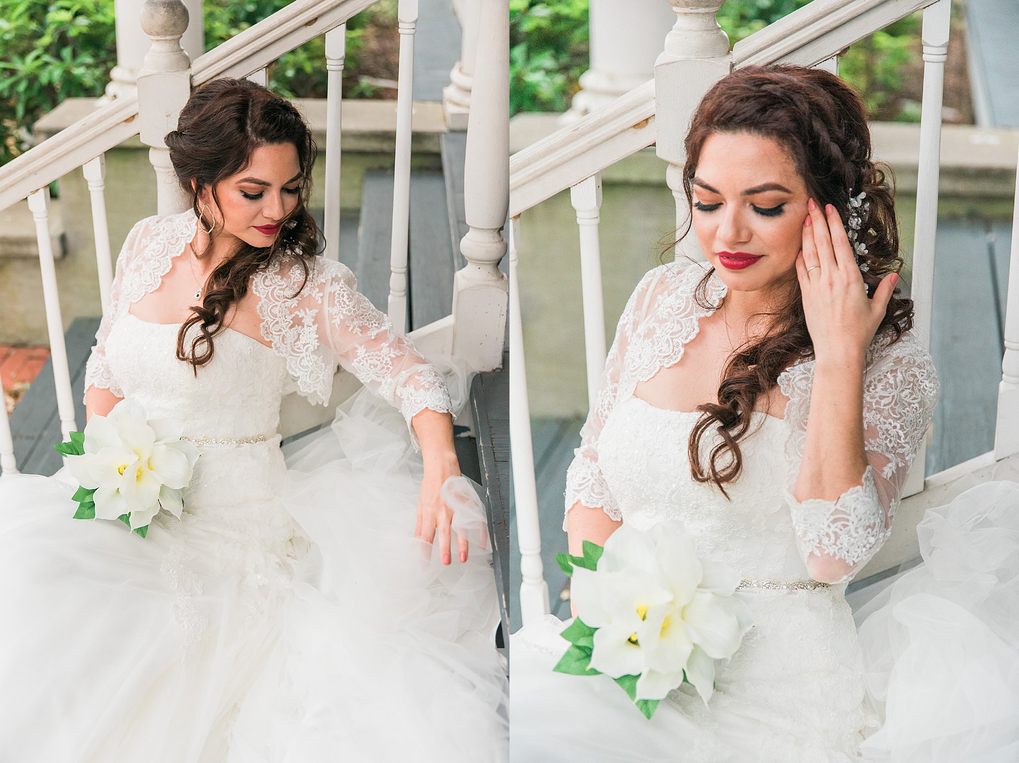 Bride in white wedding dress sitting on porch steps holding white bouquet