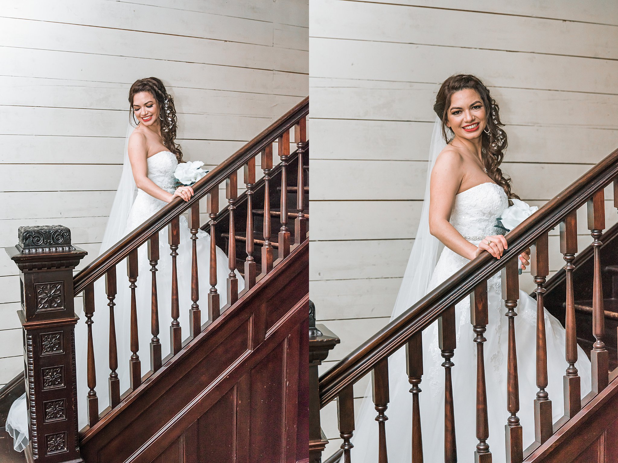 Bride in white wedding dress walking up staircase
