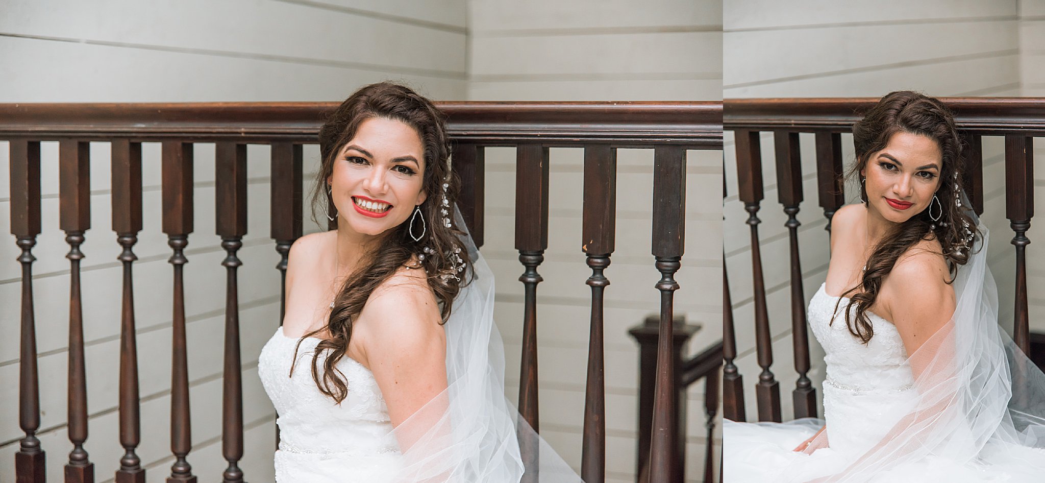 Bride seated in fluffy white wedding dress at top of stair railing
