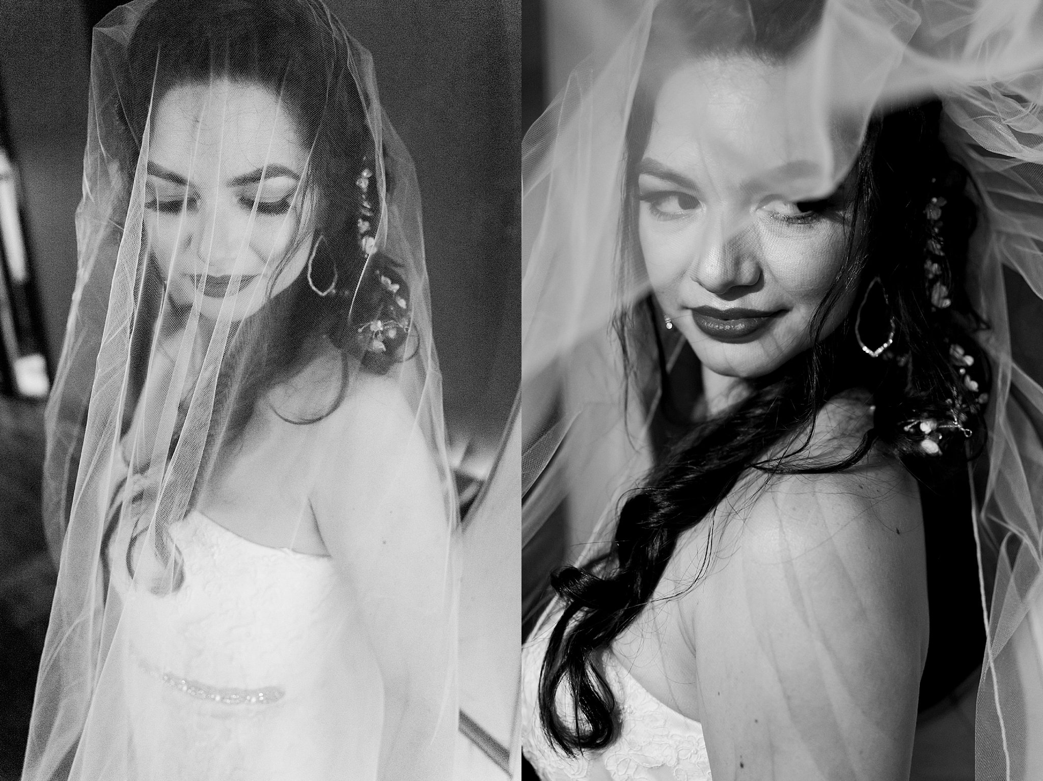Black and white images of bride under veil inside dark home