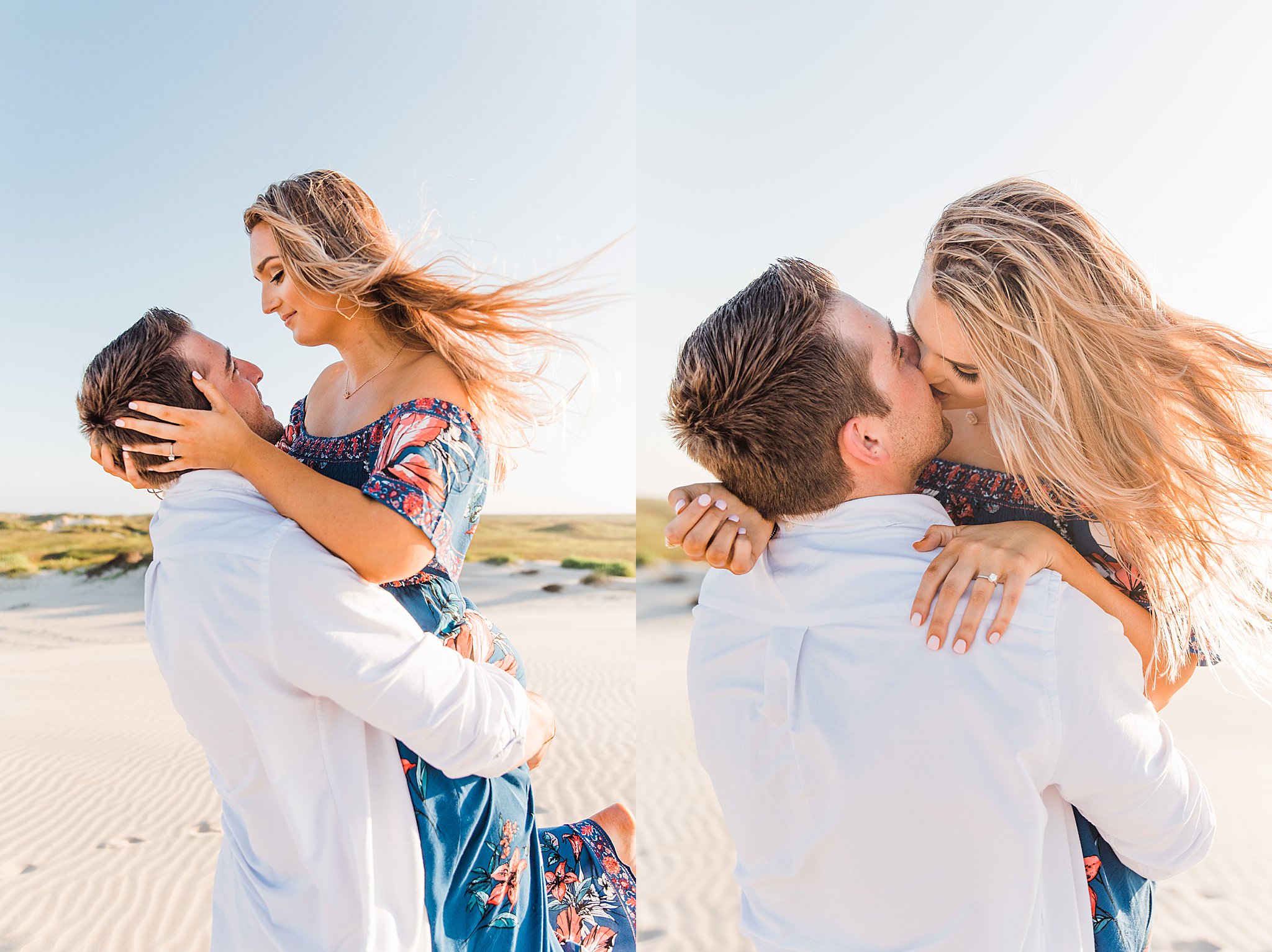 Man in white shirt lifting up and kissing woman in blue floral dress during north padre island engagement.