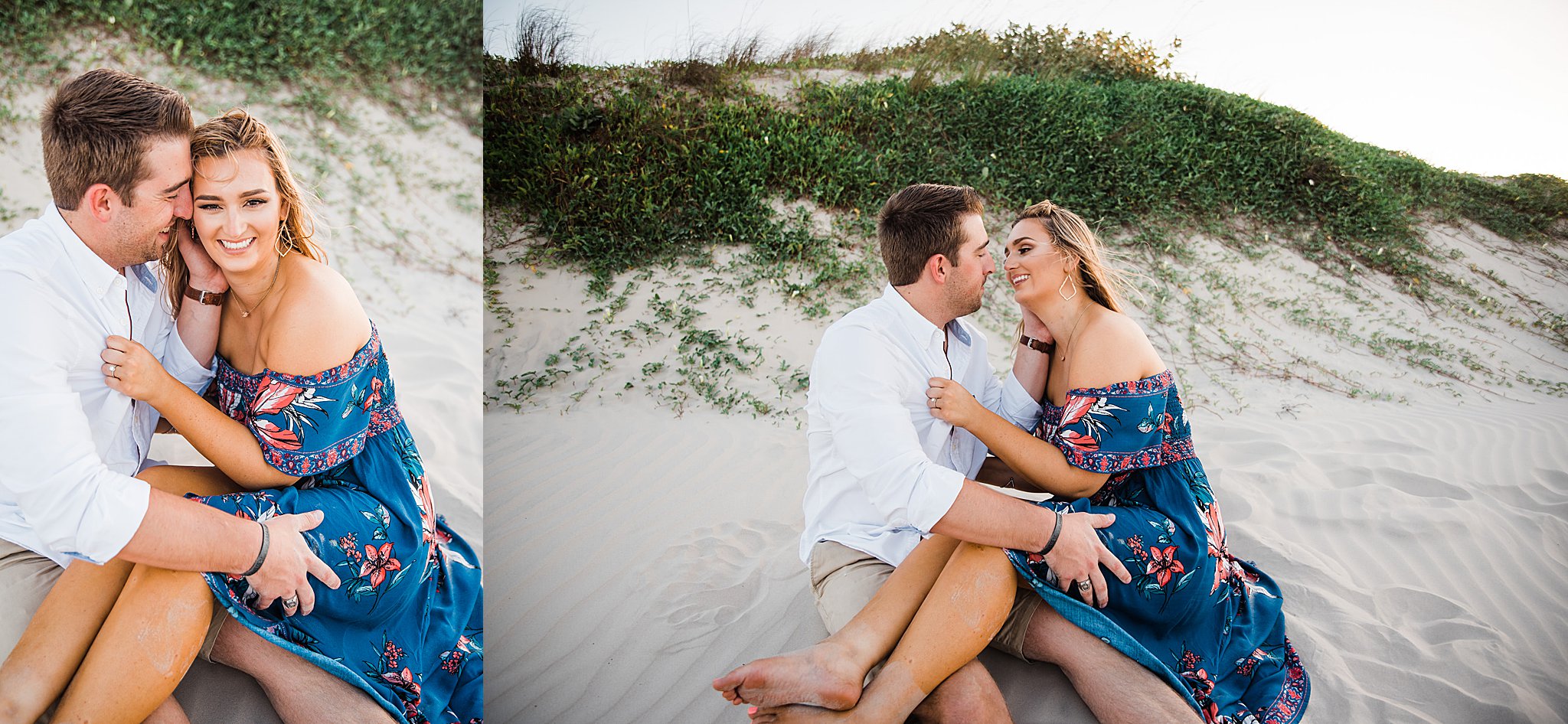 Collage of Man in white shirt and khaki short with woman in blue floral dress seated on the beach with greenery in background during north padre island engagement.