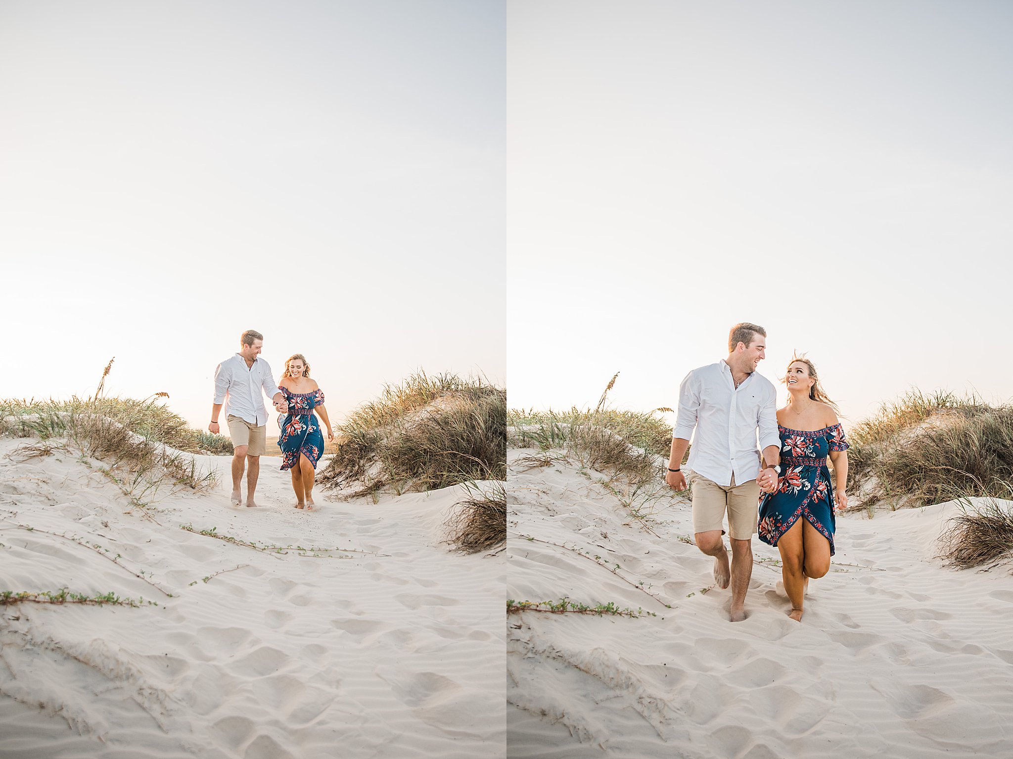 Man in white shirt holding hands and walking on the beach with woman in blue floral dress during north padre island engagement.