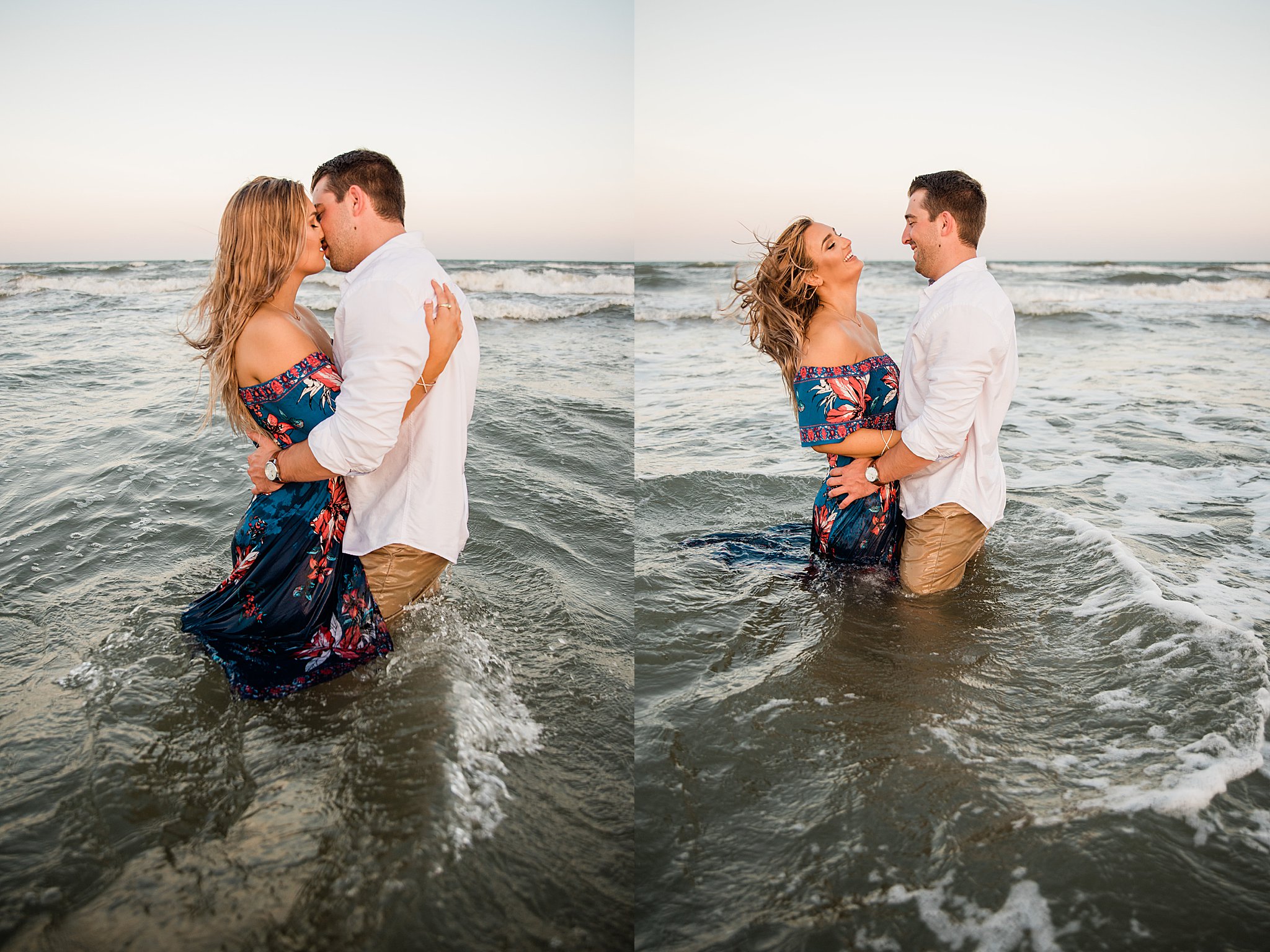 Collage of Man in white shirt kissing and embracing woman in blue floral dress waist deep in the ocean during north padre island engagement.